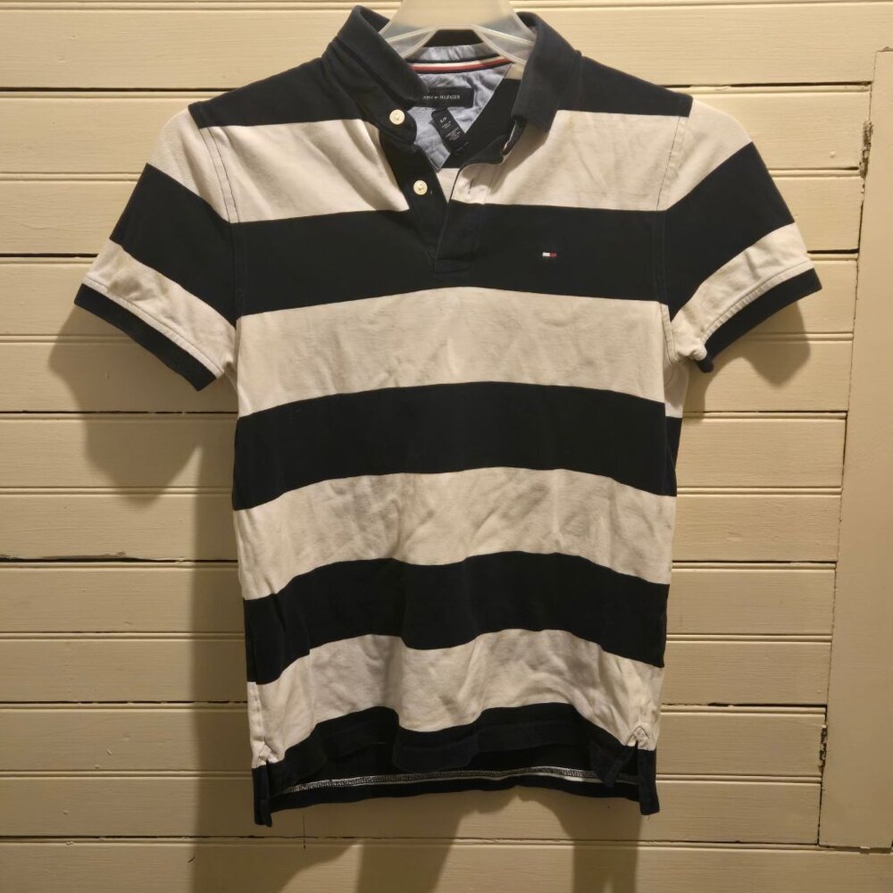 Tommy Hilfiger Polo Shirt Mens S Navy White Rugby Stripe Short Sleeve Flag